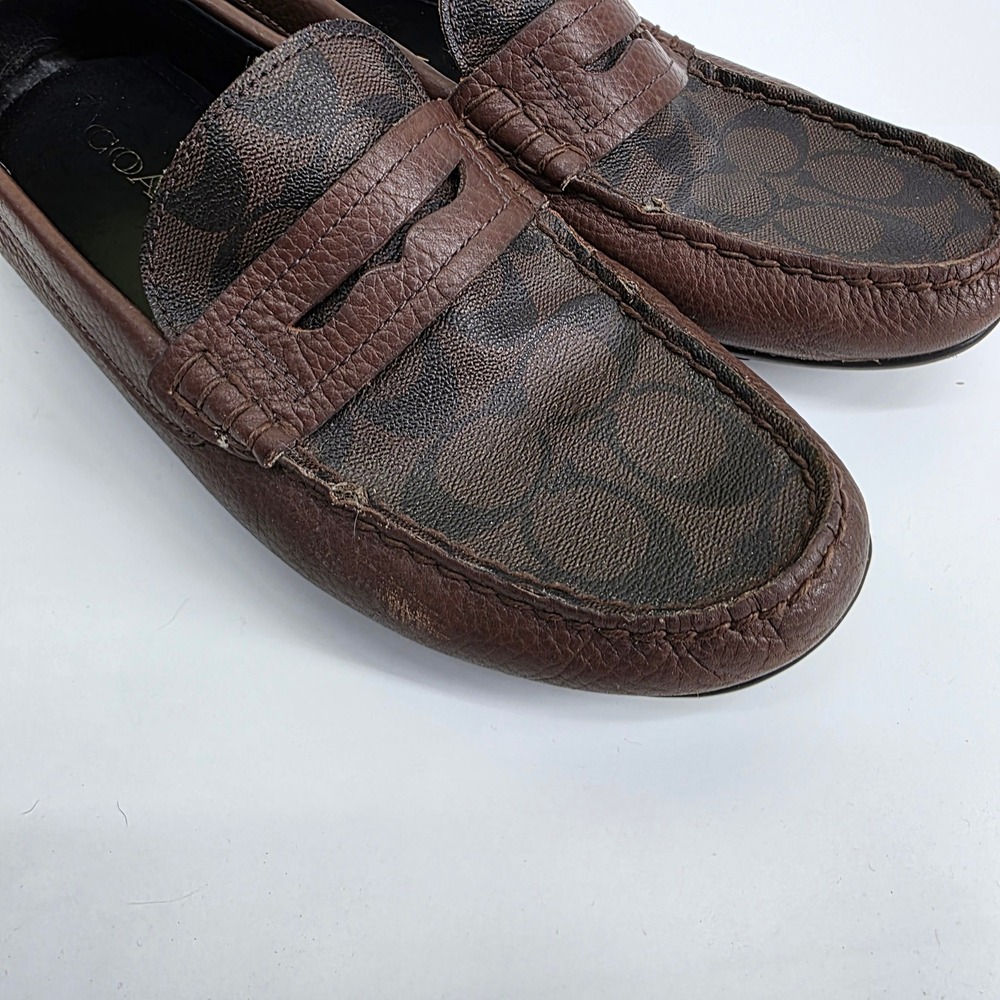 Coach Mens Signature Canvas Pebble Leather Penny Loafers Brown Driving Mocs 8D - Picture 2 of 11